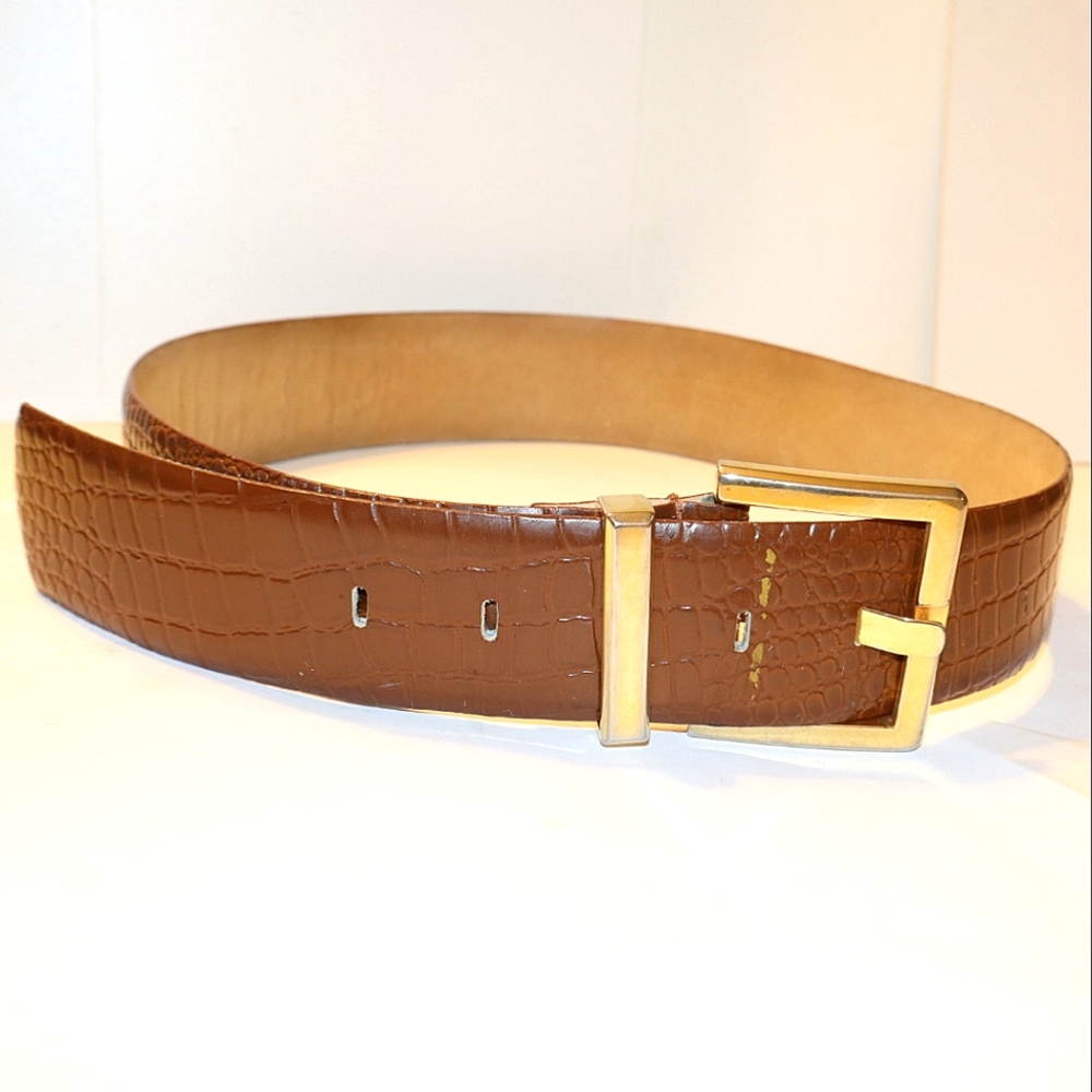 Morgan Taylor Croc-Embossed Brown Belt with Gold Clasp